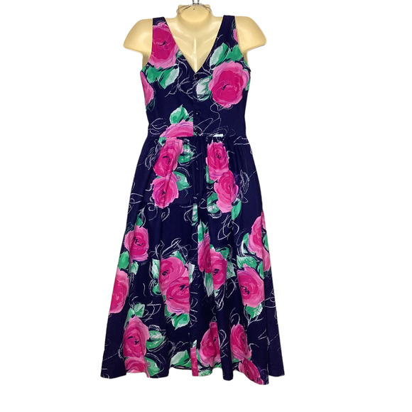 Vintage Lanz Originals Tea Dress S Cottagecore Floral Sleeveless Midi A Line 80s - Picture 2 of 10